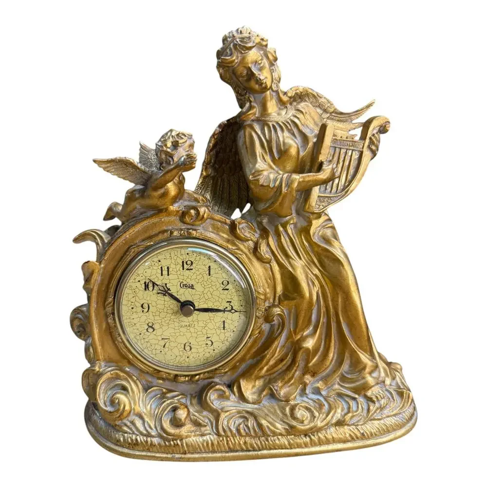 Vintage Crosa Angel Cherub Mantel Clock Gold Quartz Lyre Harp Table Decor 10”